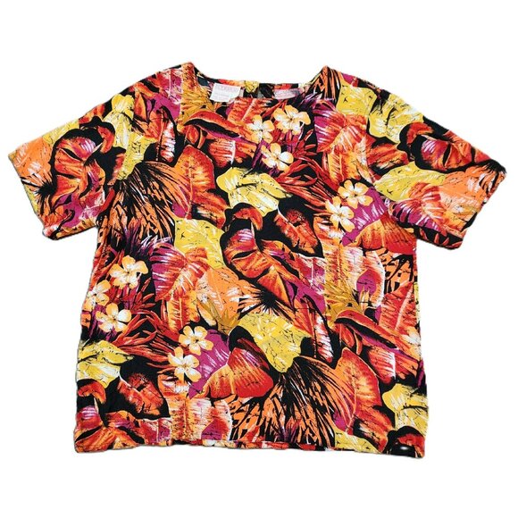 80s Tess Tropical Floral Rayon Blouse Black Orange Yellow Women's Size Large - Picture 2 of 13